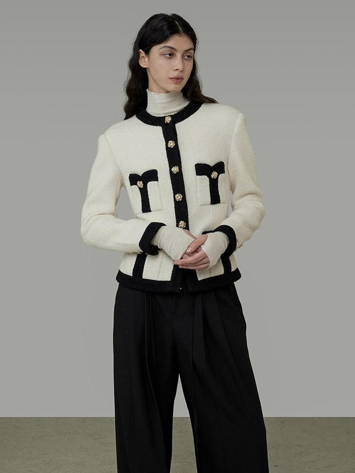 unspoken Black White Colorblock Office Loose Cropped Round Neck Buttoned Knit Cardigans
