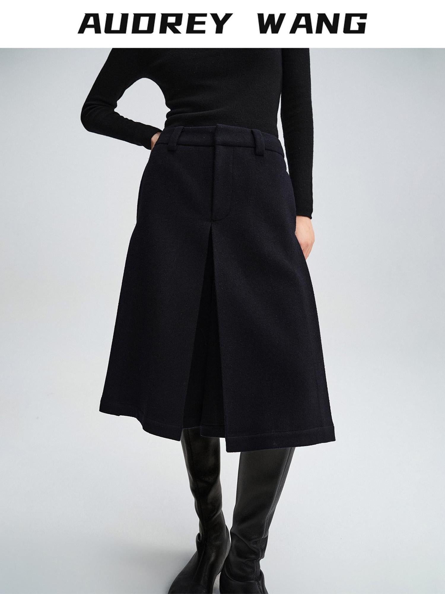 audreyyang Pure Wool Casual Loose Natural Waist Zipper Women Black Mid-Length Shorts