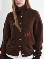 fano Soft Wool Blend Knit Commuter Loose Fit Stand Collar Women Brown Cardigans