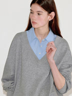 fano Soft Cotton Blend Colorblock Polo Collar Loose Knit Pullover Women Sweaters