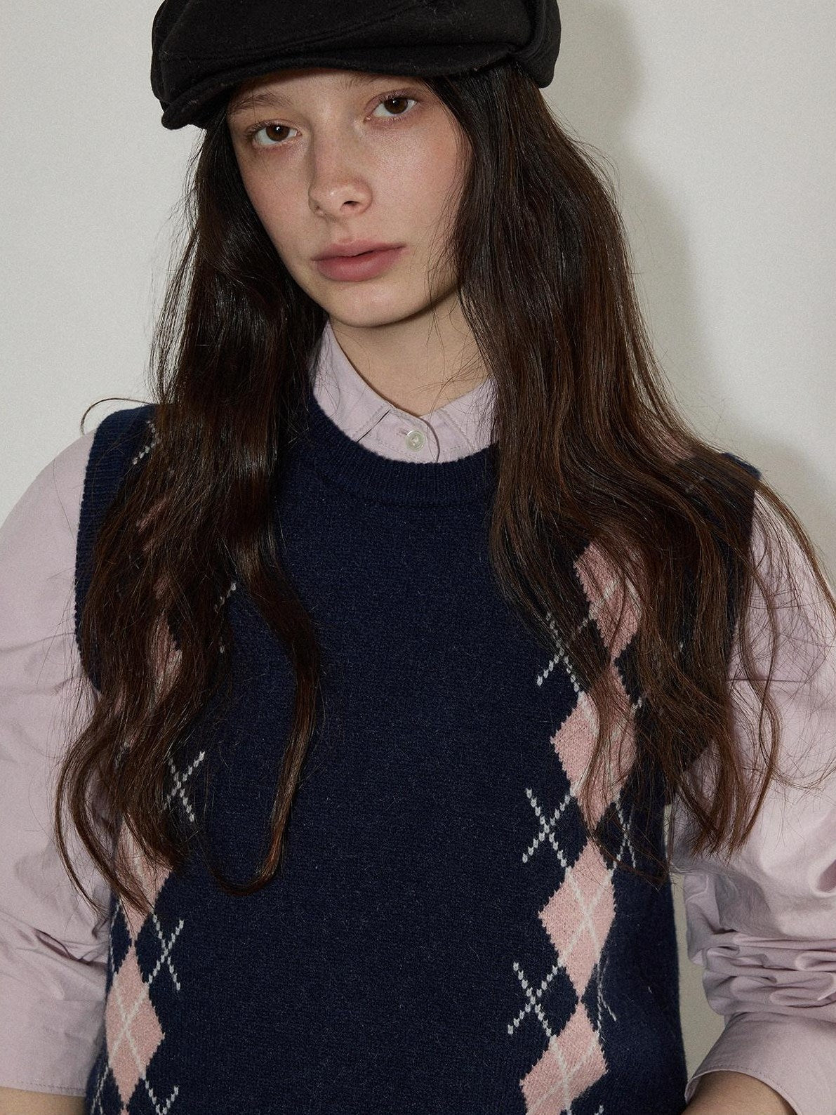 Lofi choose Cozy Colorblock Argyle Loose Fit Commuter Round Neck Women Navy Sweaters