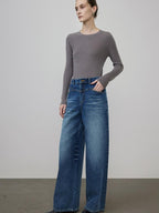 unspoken High Waist Washed Durable Denim Blue Loose Versatile Cotton Wide Leg Jeans