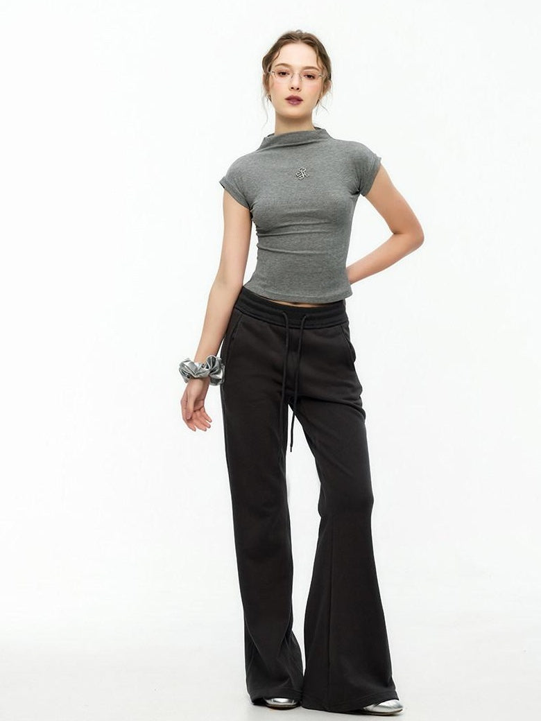 ikyou Minimal Commuter Drawstring Natural Waist Cotton Blend Wrinkle Free Flared Pants