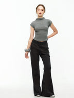 ikyou Minimal Commuter Drawstring Natural Waist Cotton Blend Wrinkle Free Flared Pants