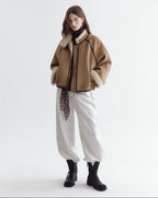 fano Comfortable Colorblock Stand Collar Zip Loose Fit Youth Camel Cropped Jackets