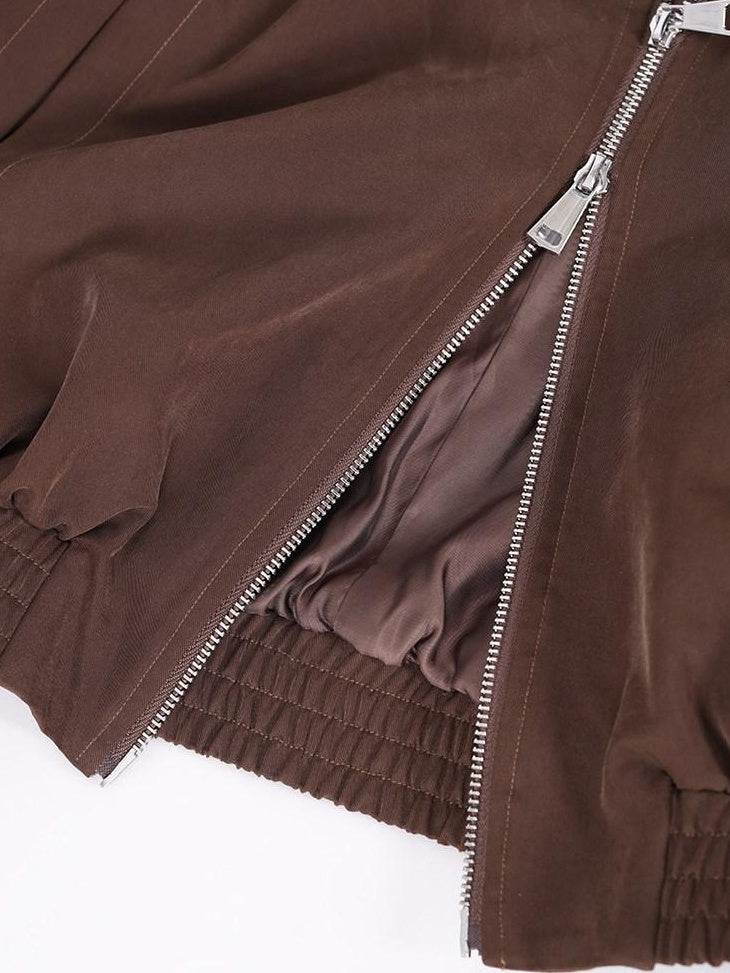 audreyyang Soft Modal Blend Casual Loose Cropped Zip Long Sleeve Women Olive Bomber Jackets