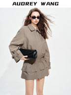 audreyyang Ruched Cotton Mid Length Zip Elastic Hem Long Sleeve Women Gray Cropped Jackets
