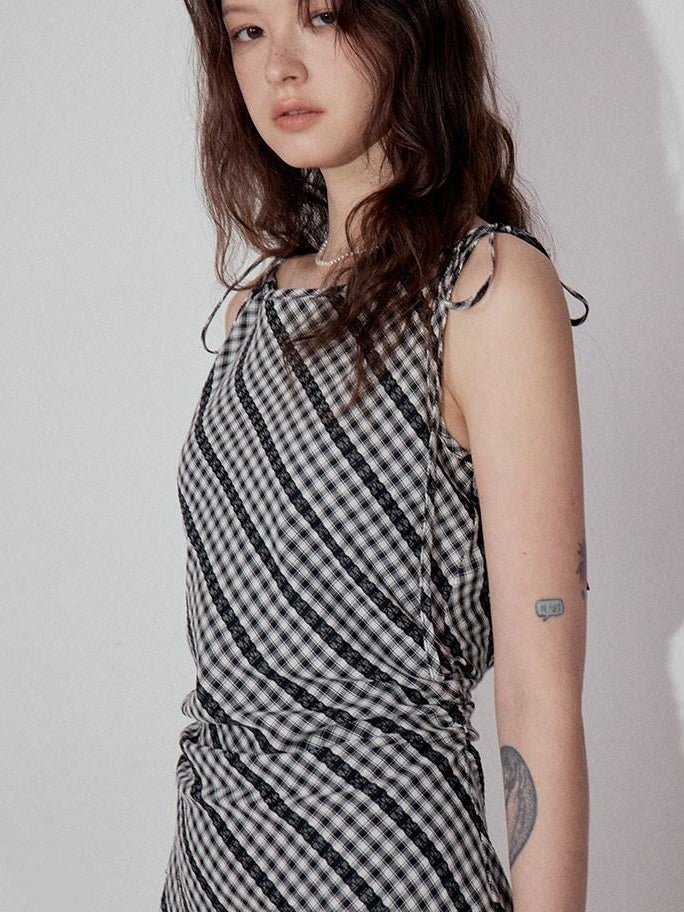 fano Plaid Waist Defining Korean Office A Line Round Neck Casual Women Maxi Dresses