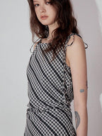fano Plaid Waist Defining Korean Office A Line Round Neck Casual Women Maxi Dresses