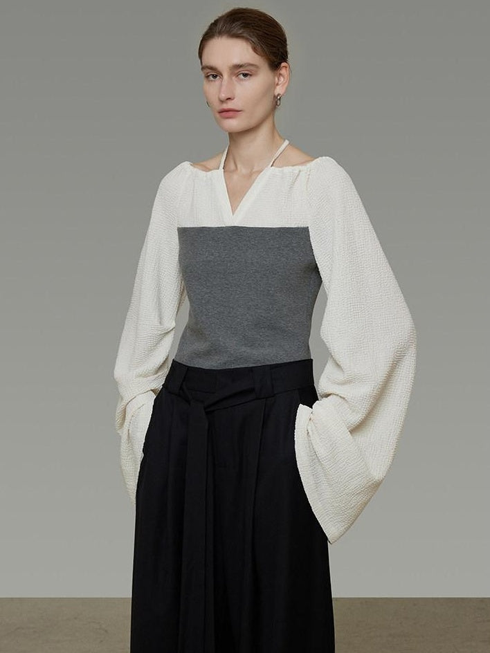 unspoken Breathable Cotton Contrast V-neck Loose Longsleeve Tie Front Women Blouses