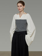 unspoken Breathable Cotton Contrast V-neck Loose Longsleeve Tie Front Women Blouses
