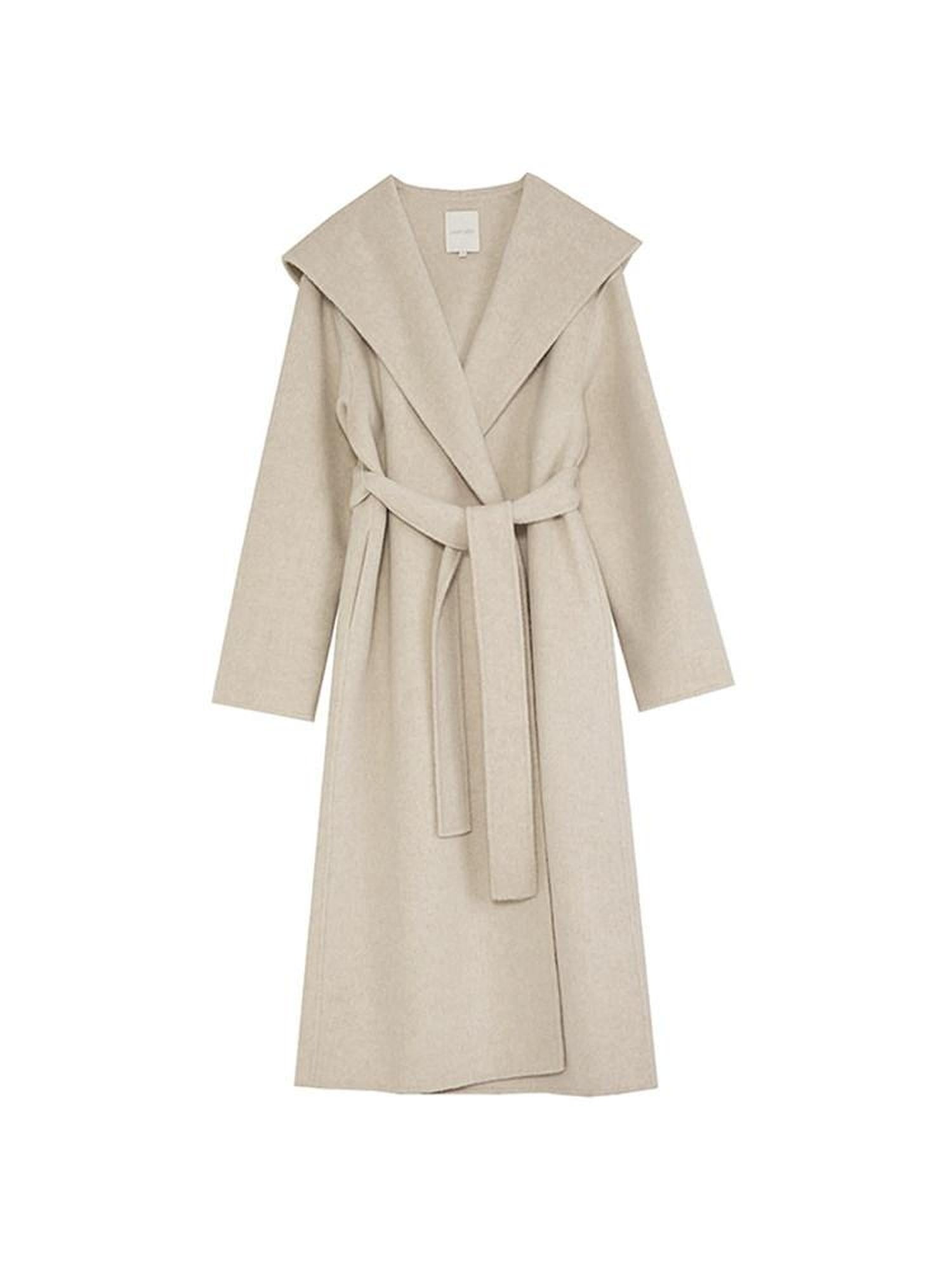 unspoken Warm Wool Alpaca Blend Hooded Straight Long Minimal Commuter Oatmeal Wool Coats