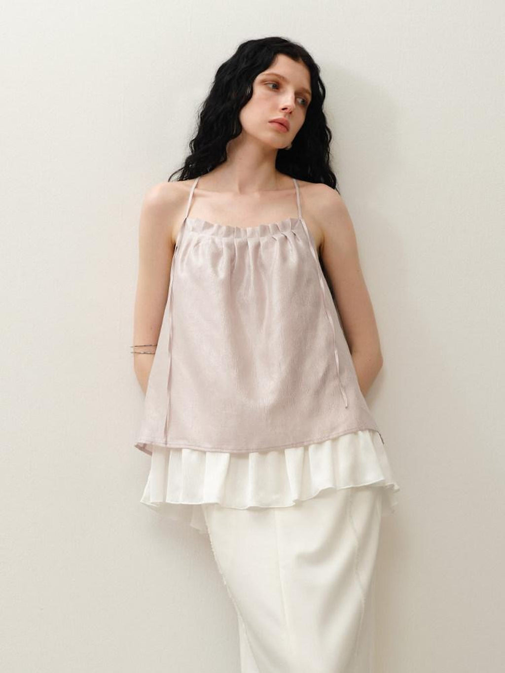 someone sometimes Original Design Ruffle Trim Loose Fit Lyocell Blend Women Solid Color Camisoles