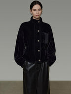 unspoken Thick 3D Tailored Slim Stand Collar Women Black Single Breasted Short Coat