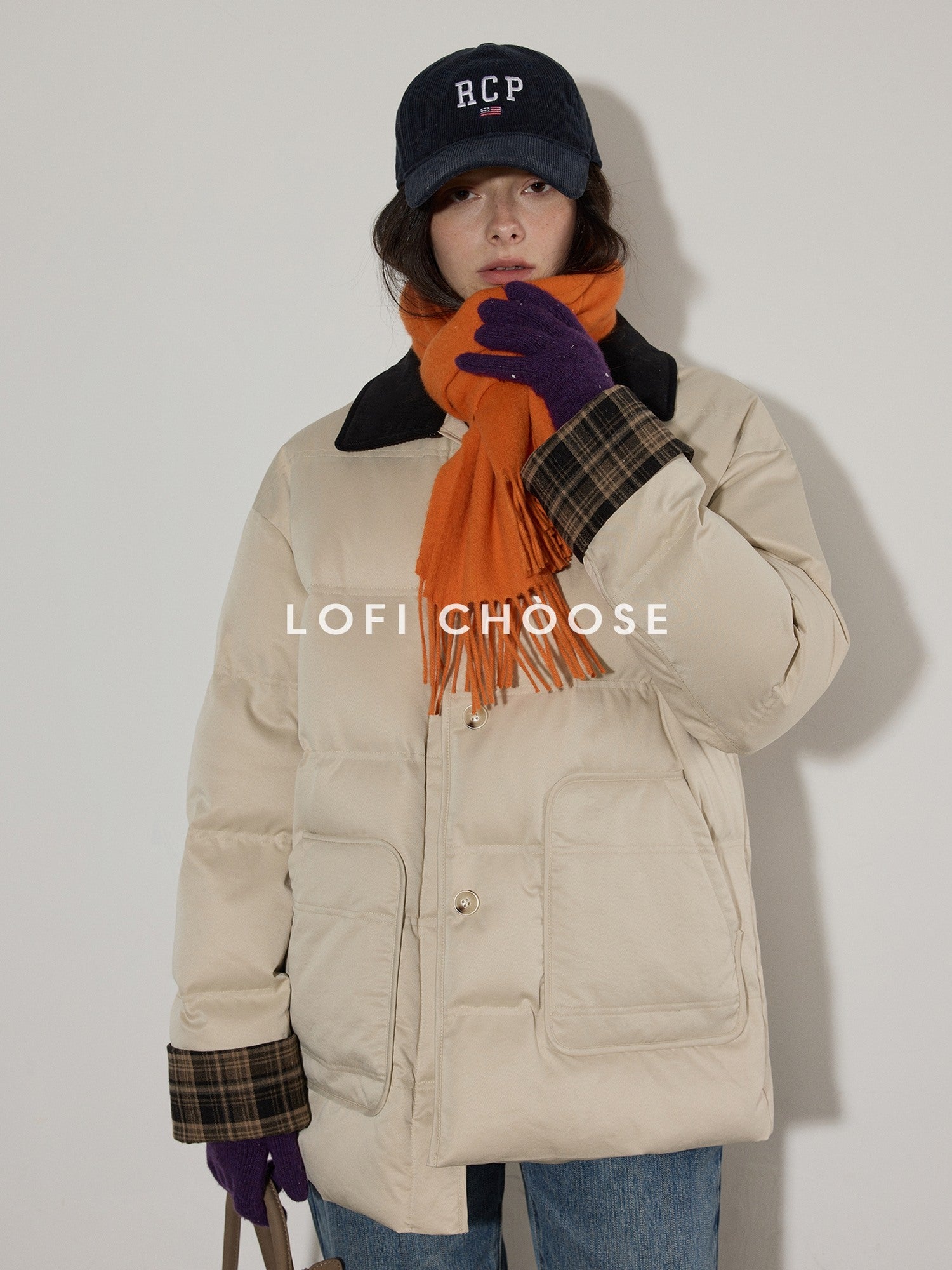 Lofi choose 90 Percent White Duck Down Apricot Colorblock Loose Fit Commuter Down Jackets