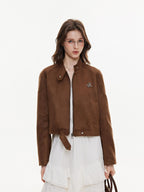 ikyou Resilient Vintage Slim 3D Women Stand Collar Zip Brown Cropped Jackets