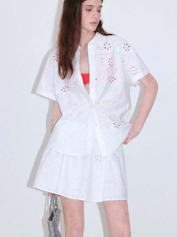 fano Pure Cotton Uv Korean Office Straight Short Sleeve Crew Neck Button Blouses