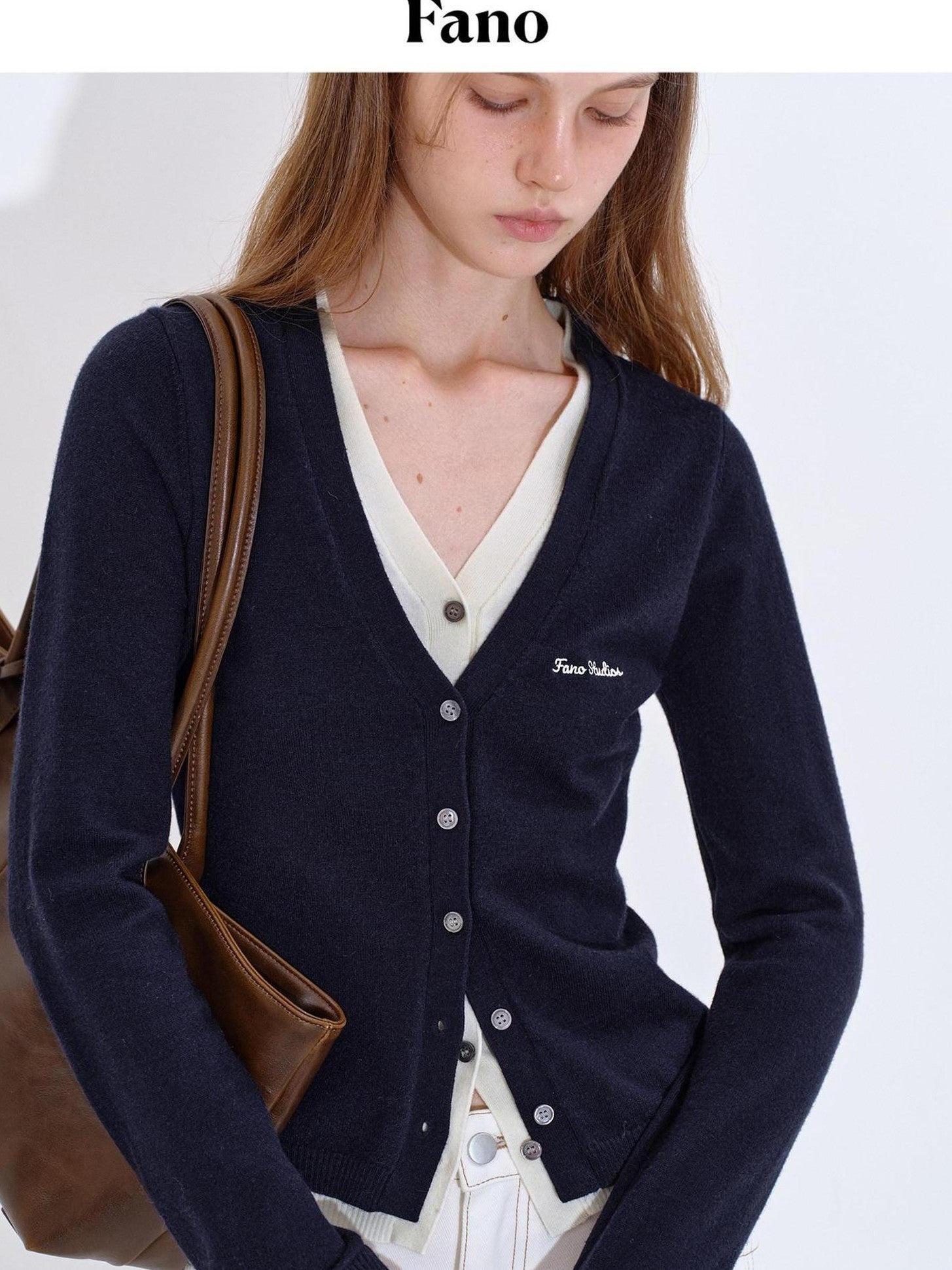fano Embroidered Letter Slim V-neck Button For Teen Girls Navy Knit Cardigans