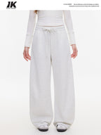 ikyou Thermal Casual Loose Pocket Elastic Waist Women Heather Gray Wide Leg Pants