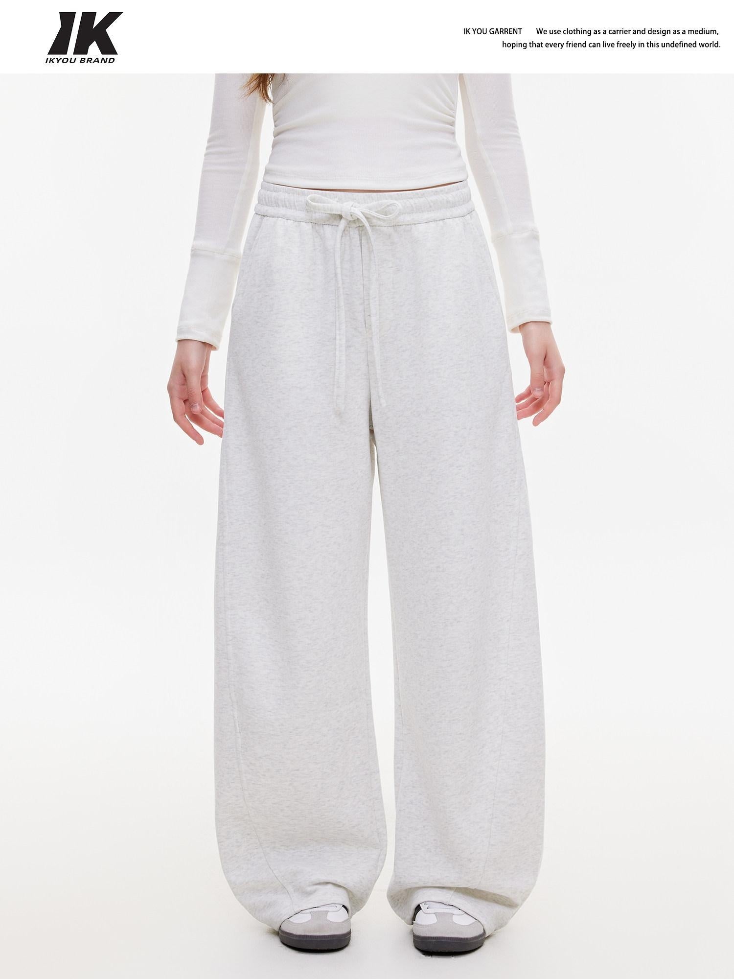 ikyou Thermal Casual Loose Pocket Elastic Waist Women Heather Gray Wide Leg Pants