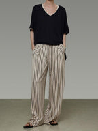 unspoken Minimalist High Waist Elastic Office Loose Striped Polyester Wide Leg Pants