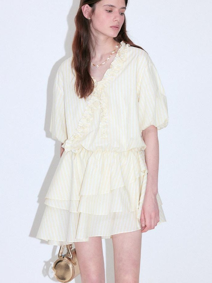 fano Pure Cotton High Waist Ruffle Puff Sleeve V-neck Yellow Striped Midi Dresses