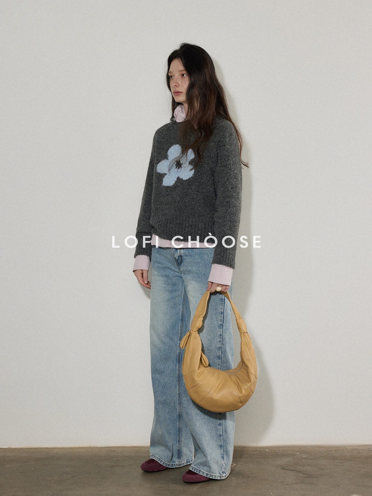 Lofi choose Office Ready Loose Pullover Crewneck Women Floral Knit Wool Blend Sweaters