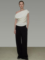 unspoken Asymmetric Neck Pleated Minimal Slim Fit Office Women Polyester Basic Crop Tops