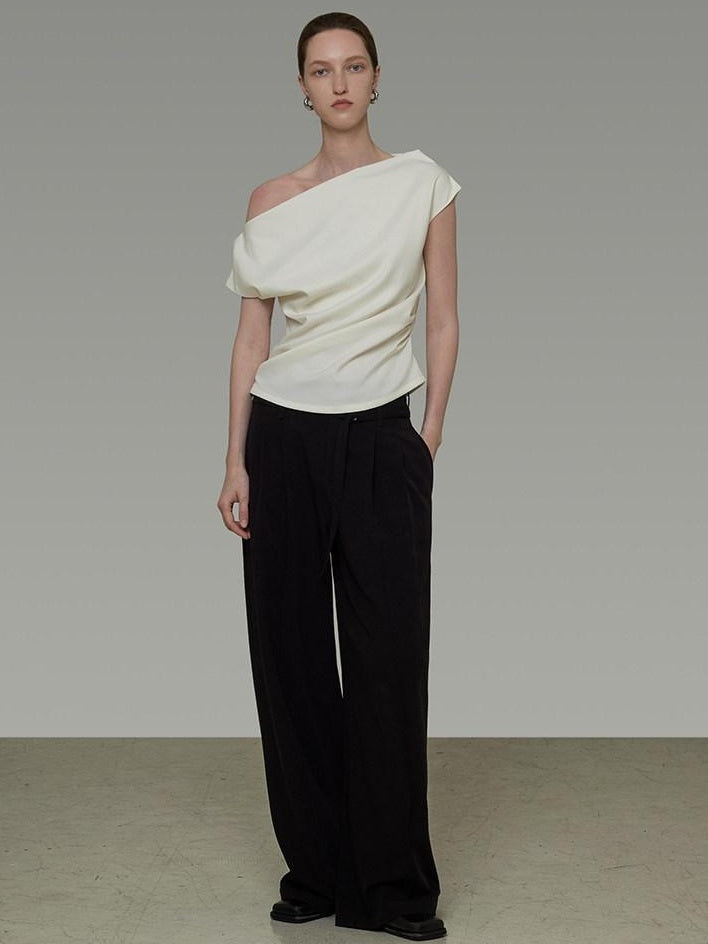 unspoken Asymmetric Neck Pleated Minimal Slim Fit Office Women Polyester Basic Crop Tops