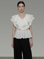 unspoken Breathable Cotton Blend Ruffle Collar Loose Minimal Commuter Women Blouses