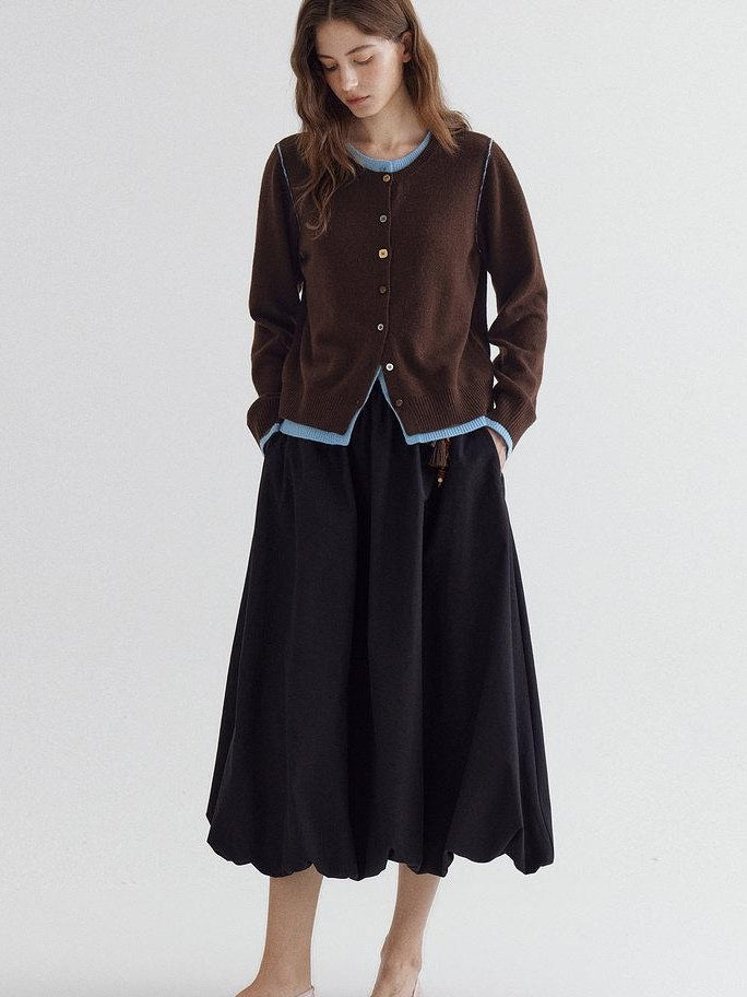 fano Pure Wool Commuter Regular Fit Roundneck Colorblock Women Brown Knit Cardigans