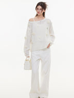 ikyou Warm Wool Blend Pullover Loose Crochet 3D Detail Office Boat Neck White Sweaters