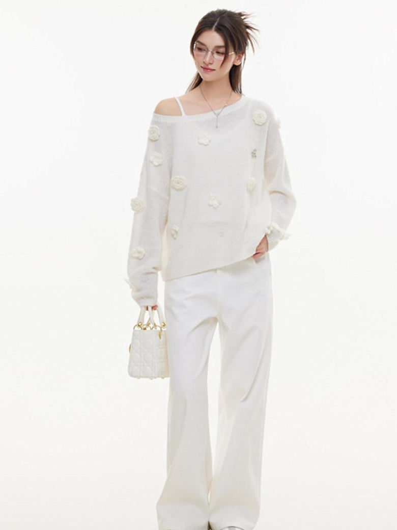 ikyou Warm Wool Blend Pullover Loose Crochet 3D Detail Office Boat Neck White Sweaters