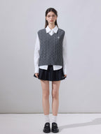 ikyou Lightweight Embroidered V-neck Cropped Preppy Girls Cotton Grey Sweaters