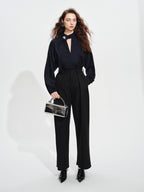 audreyyang Shape Retaining Loose Long Lantern Sleeve Pullover Navy Polyester Women Blouses