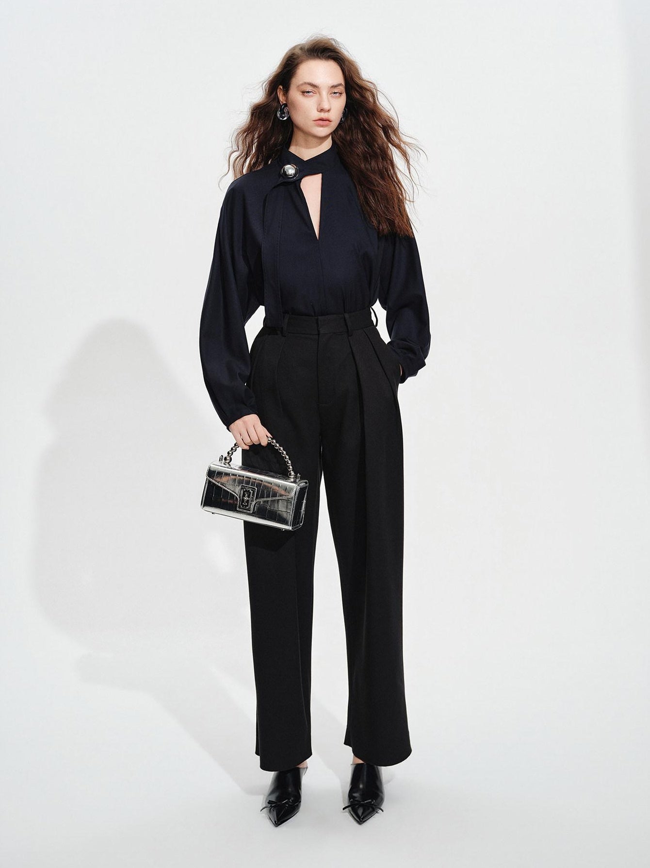 audreyyang Shape Retaining Loose Long Lantern Sleeve Pullover Navy Polyester Women Blouses