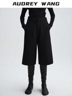 audreyyang Wool Blend Minimal Wide Leg Natural Waist Women Office Mid-Length Shorts