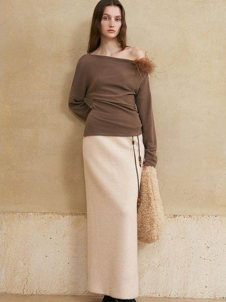 someonesometimes 3D Embellished Asymmetrical Neck Slim Crop Knit Wool Blend Sweaters