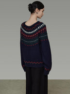 unspoken Warm Jacquard Colorblock Loose Commuter Crewneck Women Acrylic Blend Sweaters