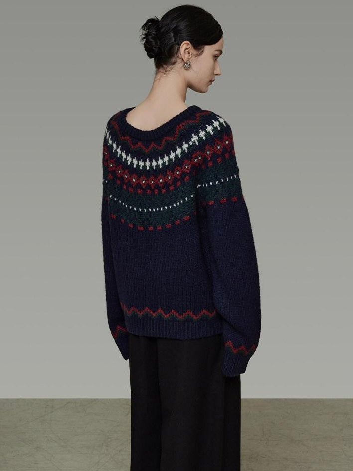 unspoken Warm Jacquard Colorblock Loose Commuter Crewneck Women Acrylic Blend Sweaters