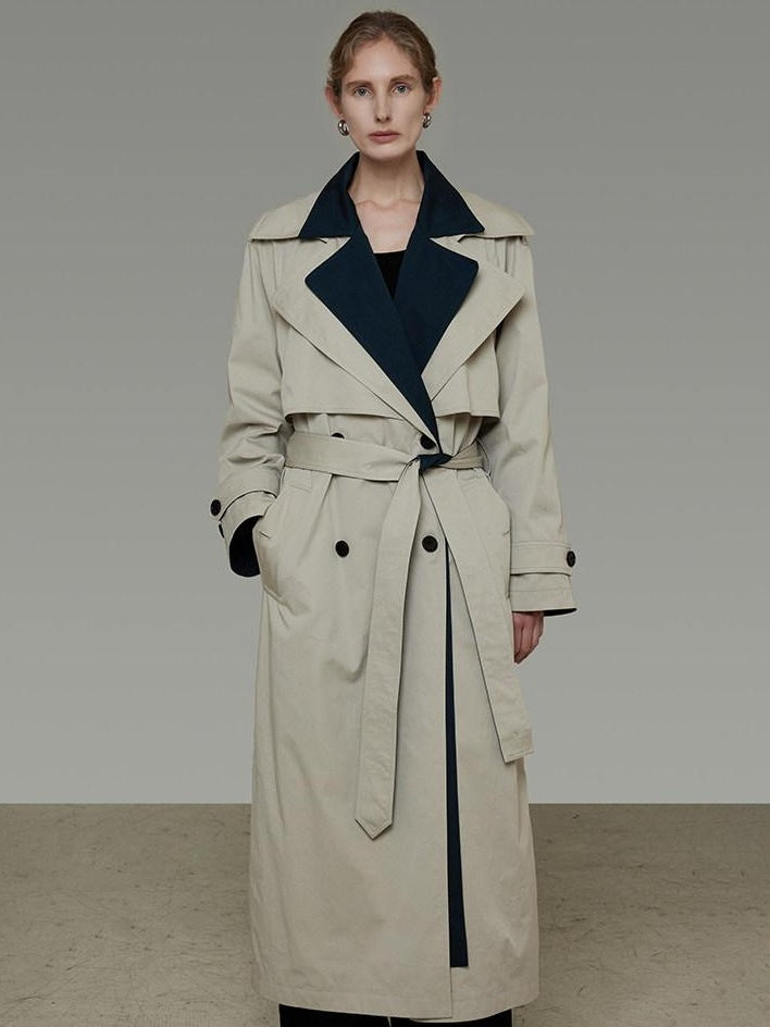 unspoken Minimalist Double Breasted Long Straight Workwear Beige Navy Trench Coats