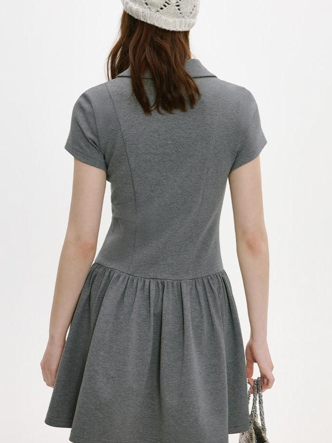 fano Soft Cotton Vintage Polo Collar A Line Natural Waist Girl Deep Gray Midi Dresses
