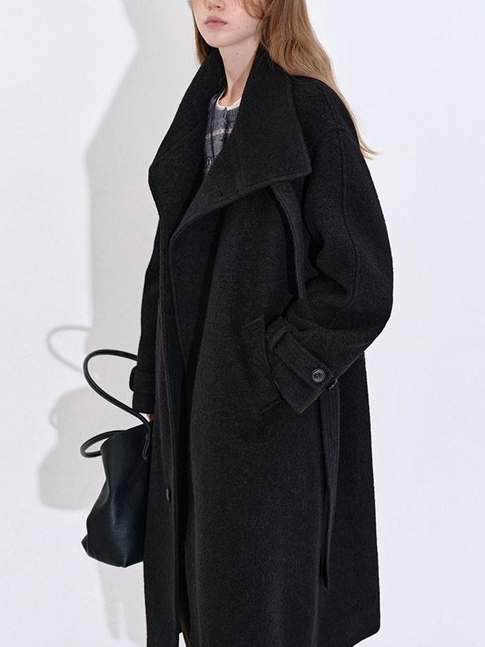 fano Premium Wool Blend Long Notch Collar Relaxed Black Korean Women Wool Coats