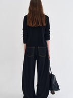fano Vintage Washed Cotton Loose Natural Waist Casual Women Dark Wide Leg Pants