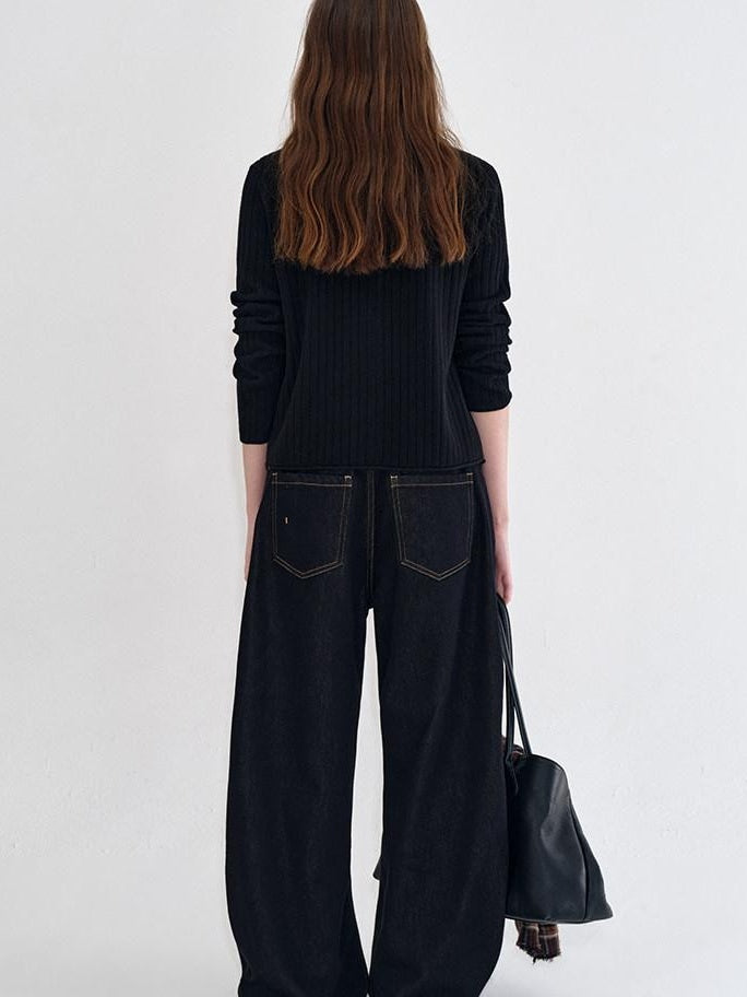 fano Vintage Washed Cotton Loose Natural Waist Casual Women Dark Wide Leg Pants
