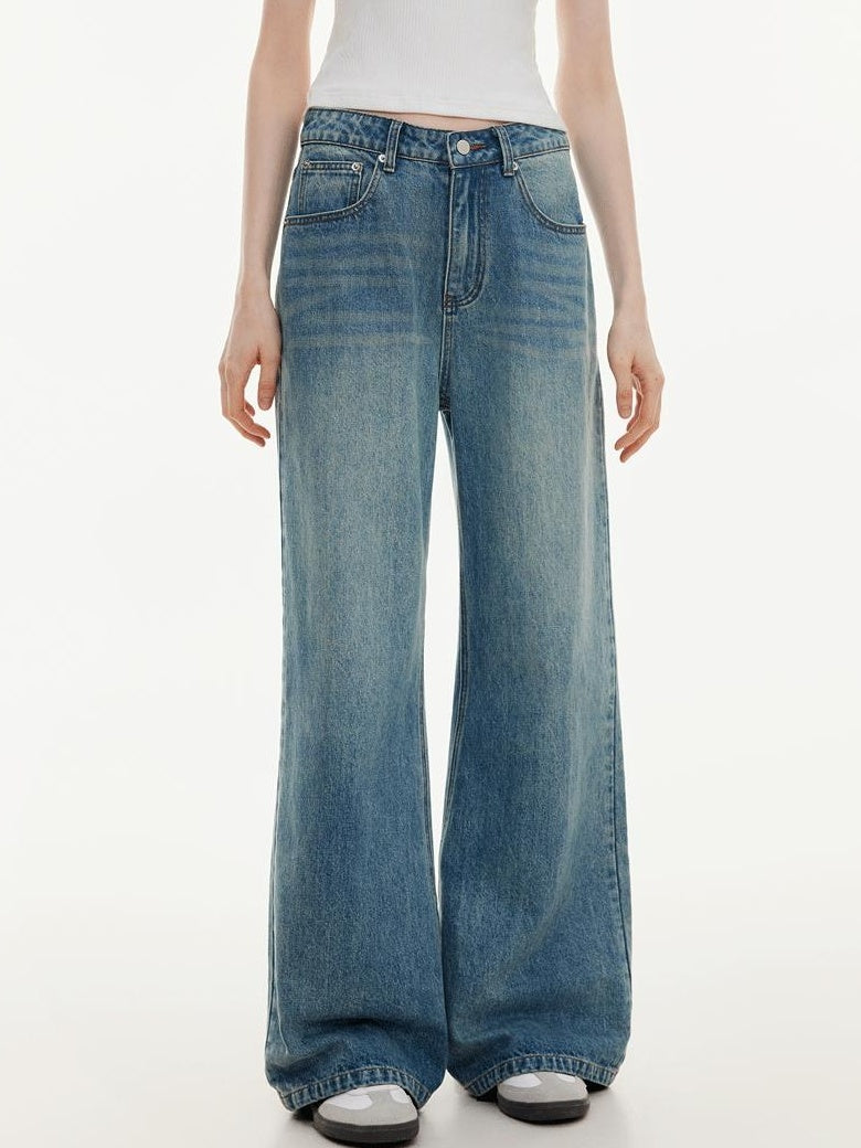 ikyou Washed Distressed Loose Casual Natural Waist Denim Blue Everyday Wide Leg Jeans