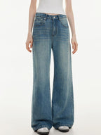 ikyou Washed Distressed Loose Casual Natural Waist Denim Blue Everyday Wide Leg Jeans