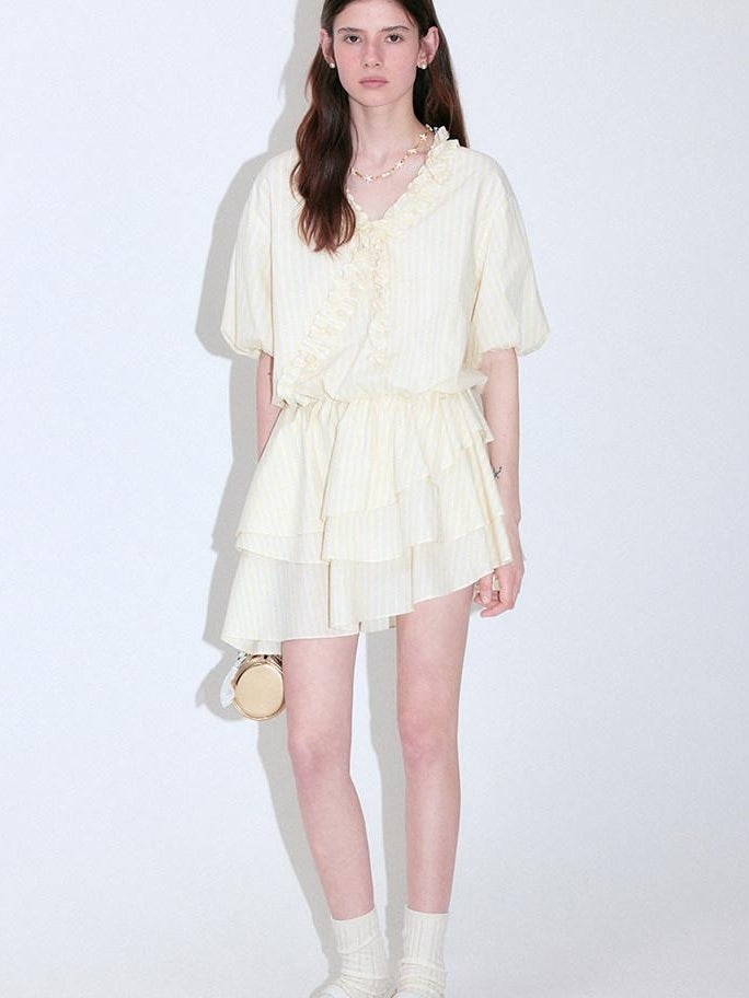 fano Pure Cotton High Waist Ruffle Puff Sleeve V-neck Yellow Striped Midi Dresses