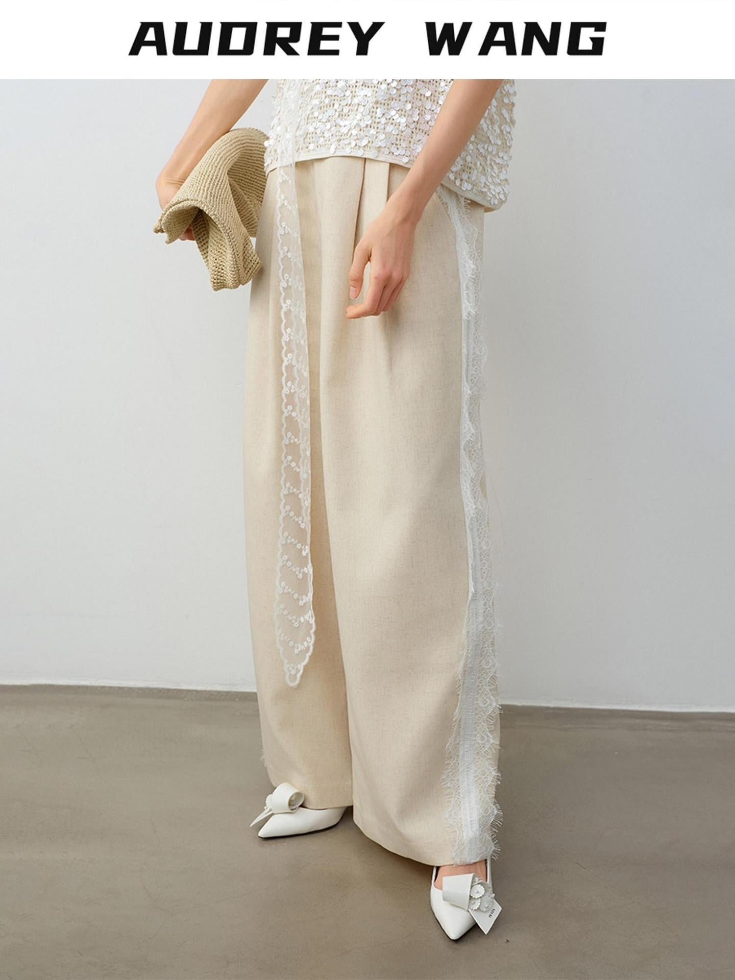 audreyyang Elegant Lace Natural Waist Office Loose Womens White Linen Blend Wide Leg Pants