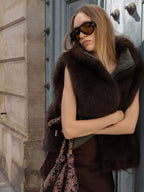 audreyyang Warm Reversible Faux Fur Stand Collar Sleeveless Relaxed Olive Short Coat